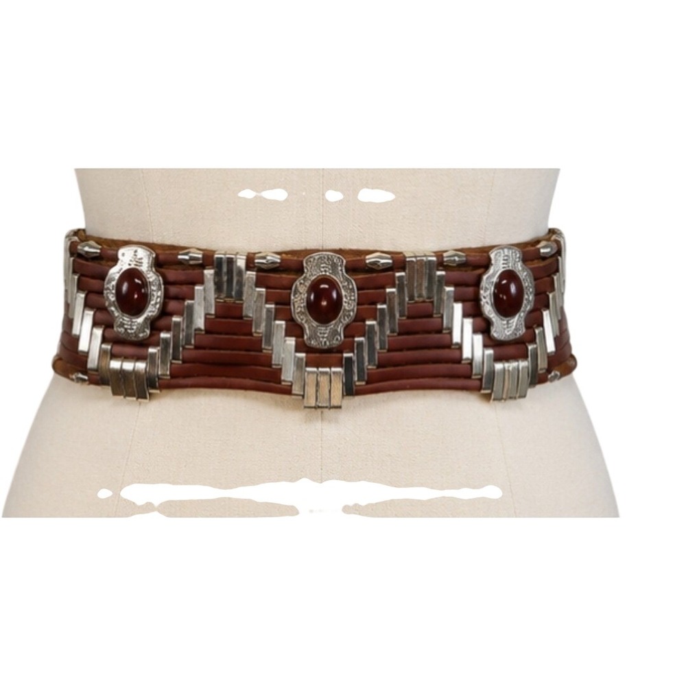 Free People Brown Leather Multi Strand Western Boho Waist Belt Silver Medallion - Picture 2 of 7